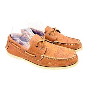 TOMMY HILFIGER Men Brown Leather Boat Shoes Palm Pattern Size 11 TMBOWMAN